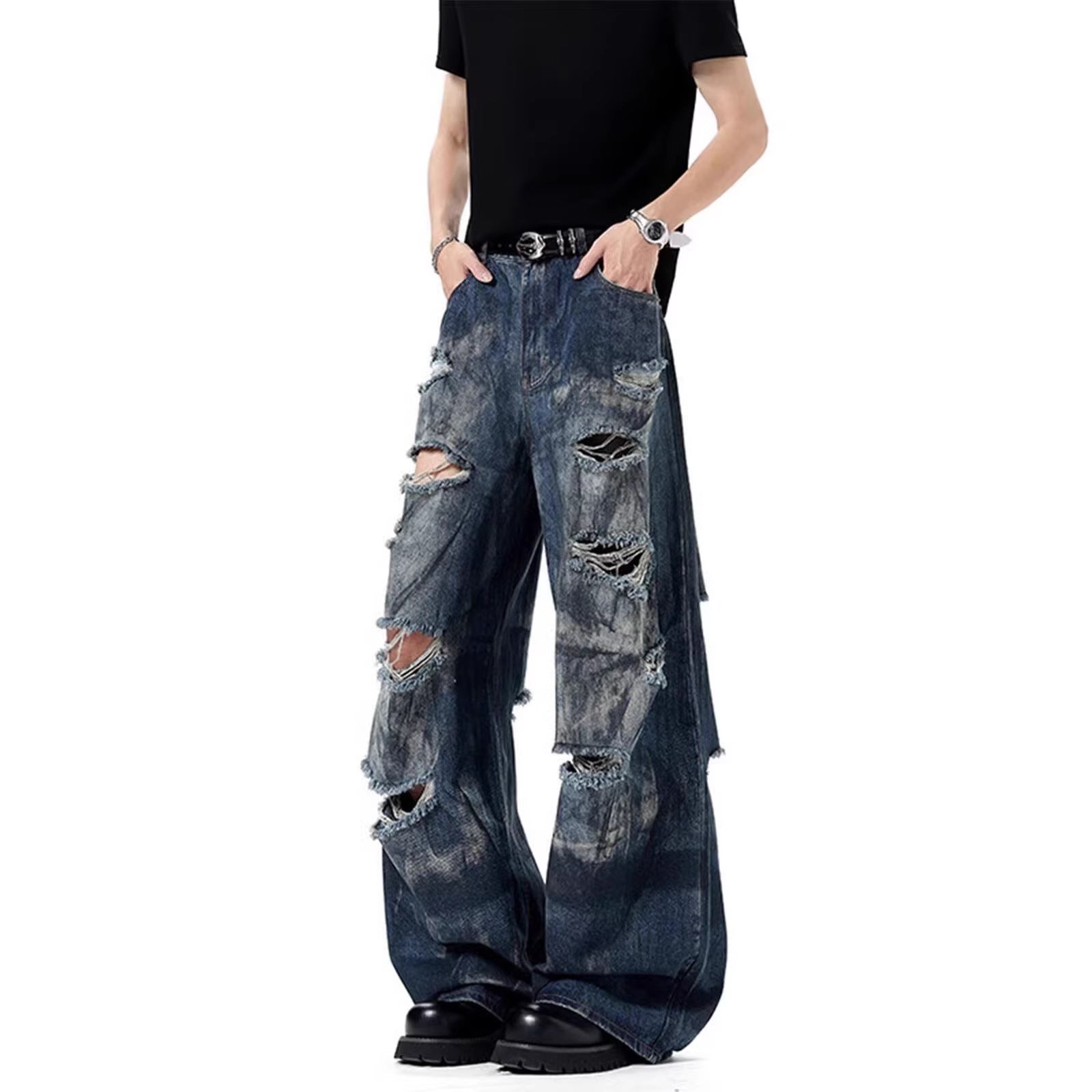 Washed Distressed Loose Fit Denim