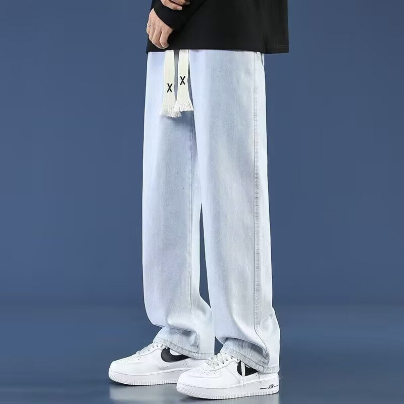Retro Men's Summer Straight Leg Casual Drawstring Jeans High Street Style Pants