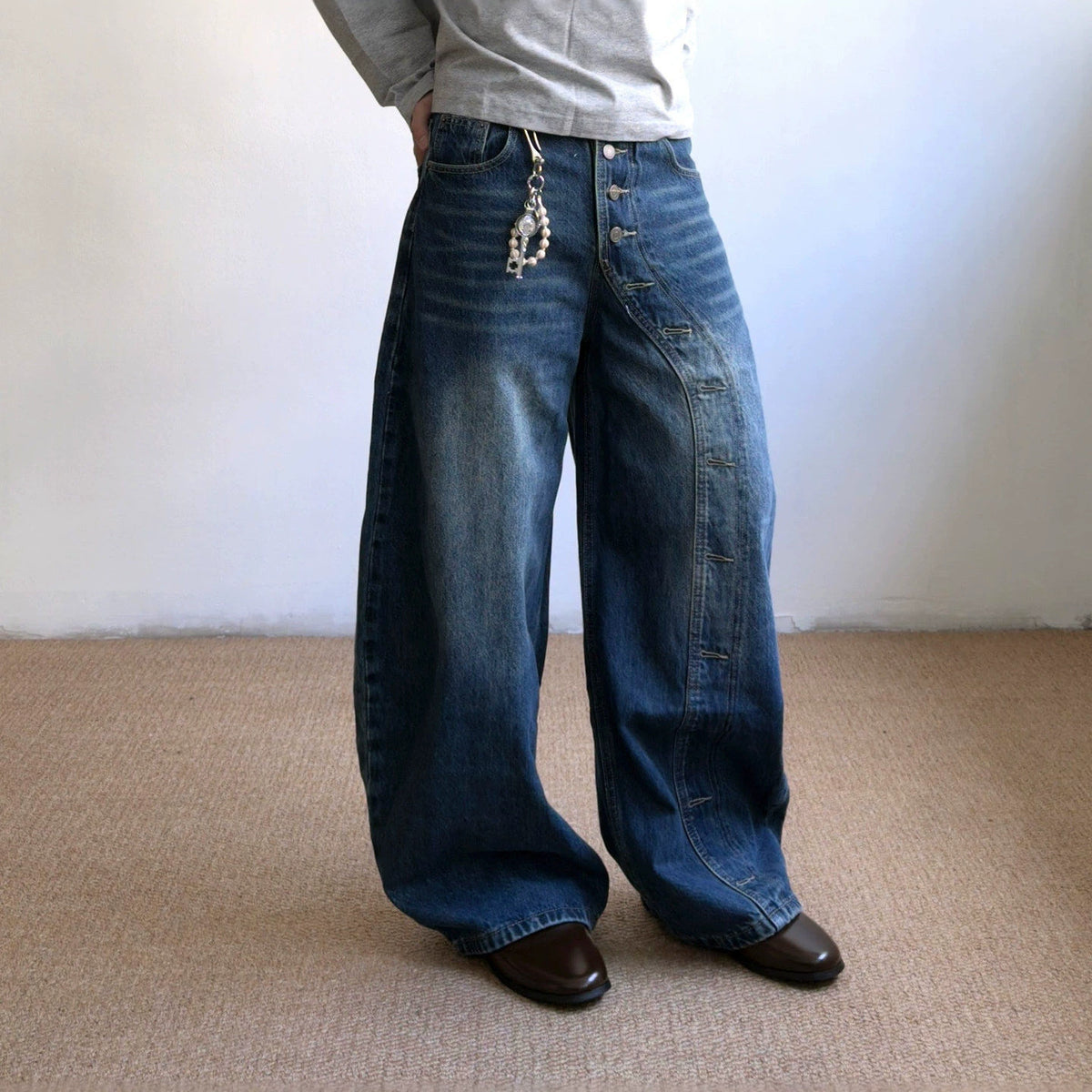 Buttoned Snap Detail Casual Denim Pants
