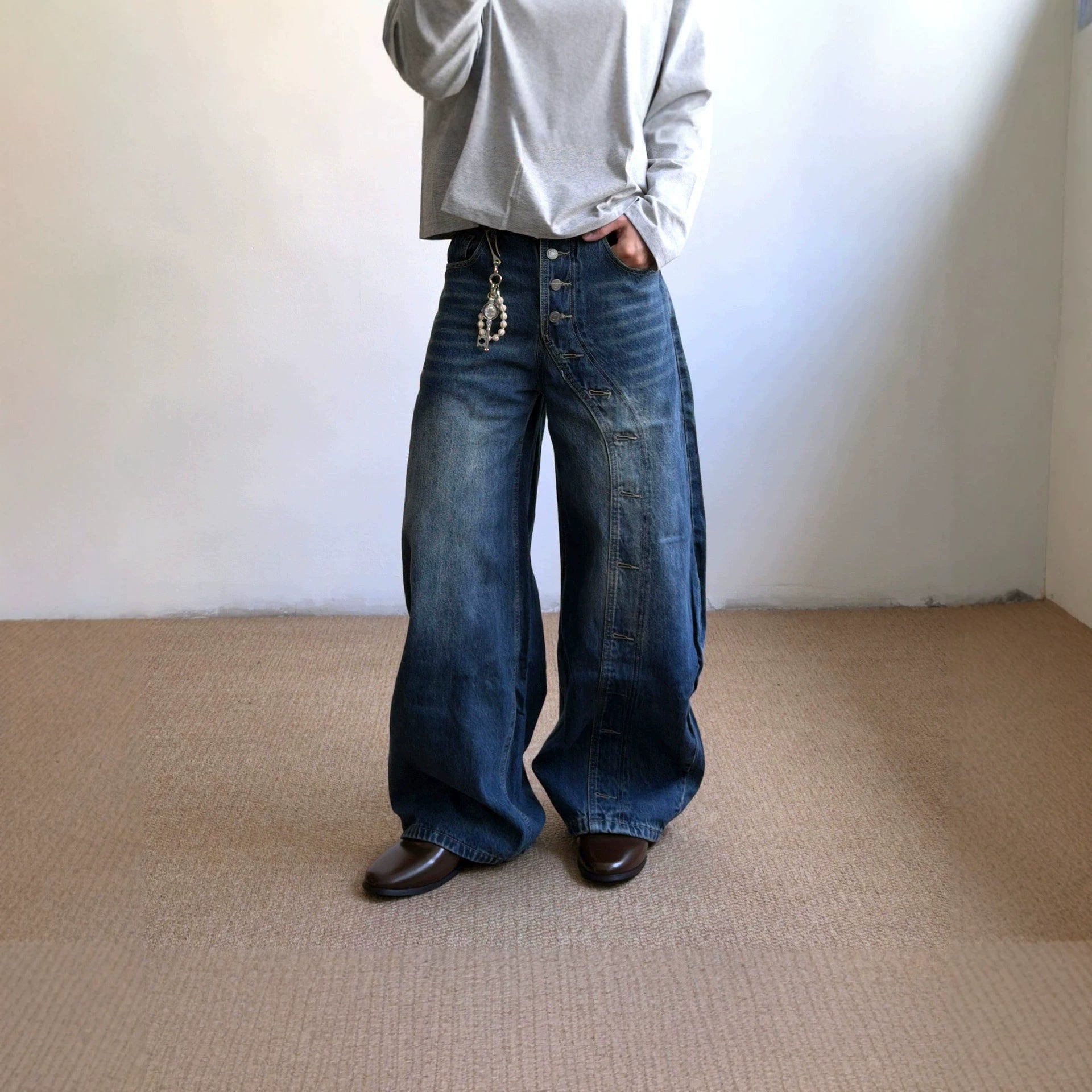 Buttoned Snap Detail Casual Denim Pants