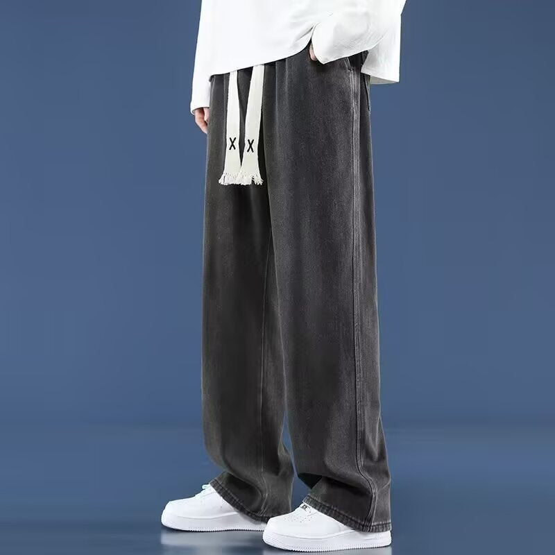 Retro Men's Summer Straight Leg Casual Drawstring Jeans High Street Style Pants