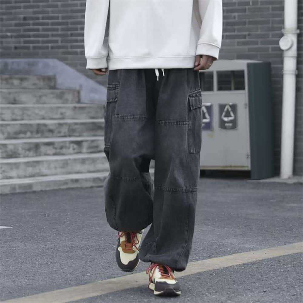 Colour-Block Multi-Pocket Denim Trousers