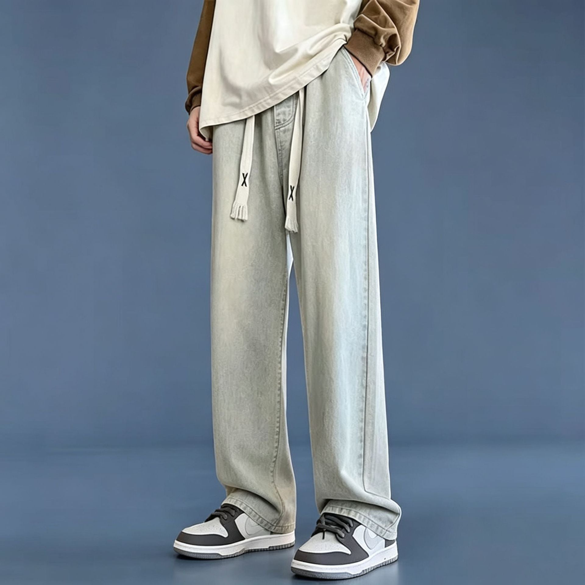Retro Men's Summer Straight Leg Casual Drawstring Jeans High Street Style Pants
