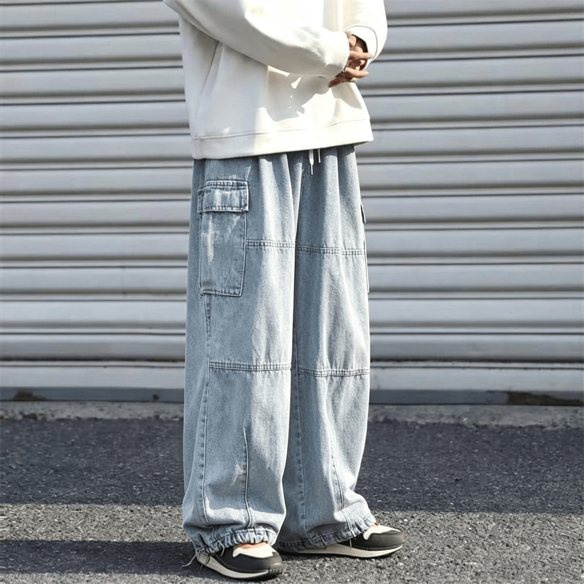 Colour-Block Multi-Pocket Denim Trousers