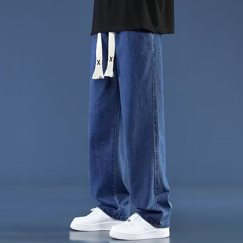 Retro Men's Summer Straight Leg Casual Drawstring Jeans High Street Style Pants