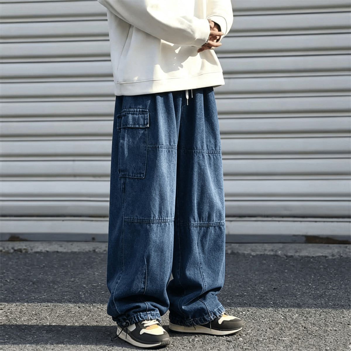 Colour-Block Multi-Pocket Denim Trousers