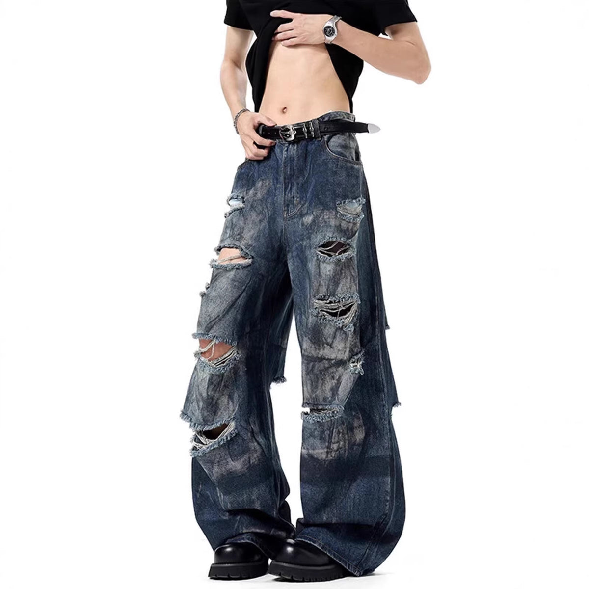Washed Distressed Loose Fit Denim