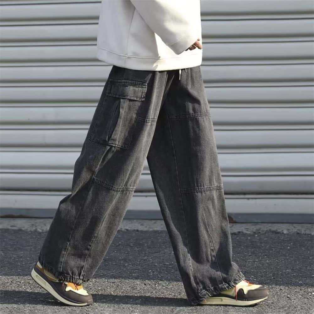 Colour-Block Multi-Pocket Denim Trousers