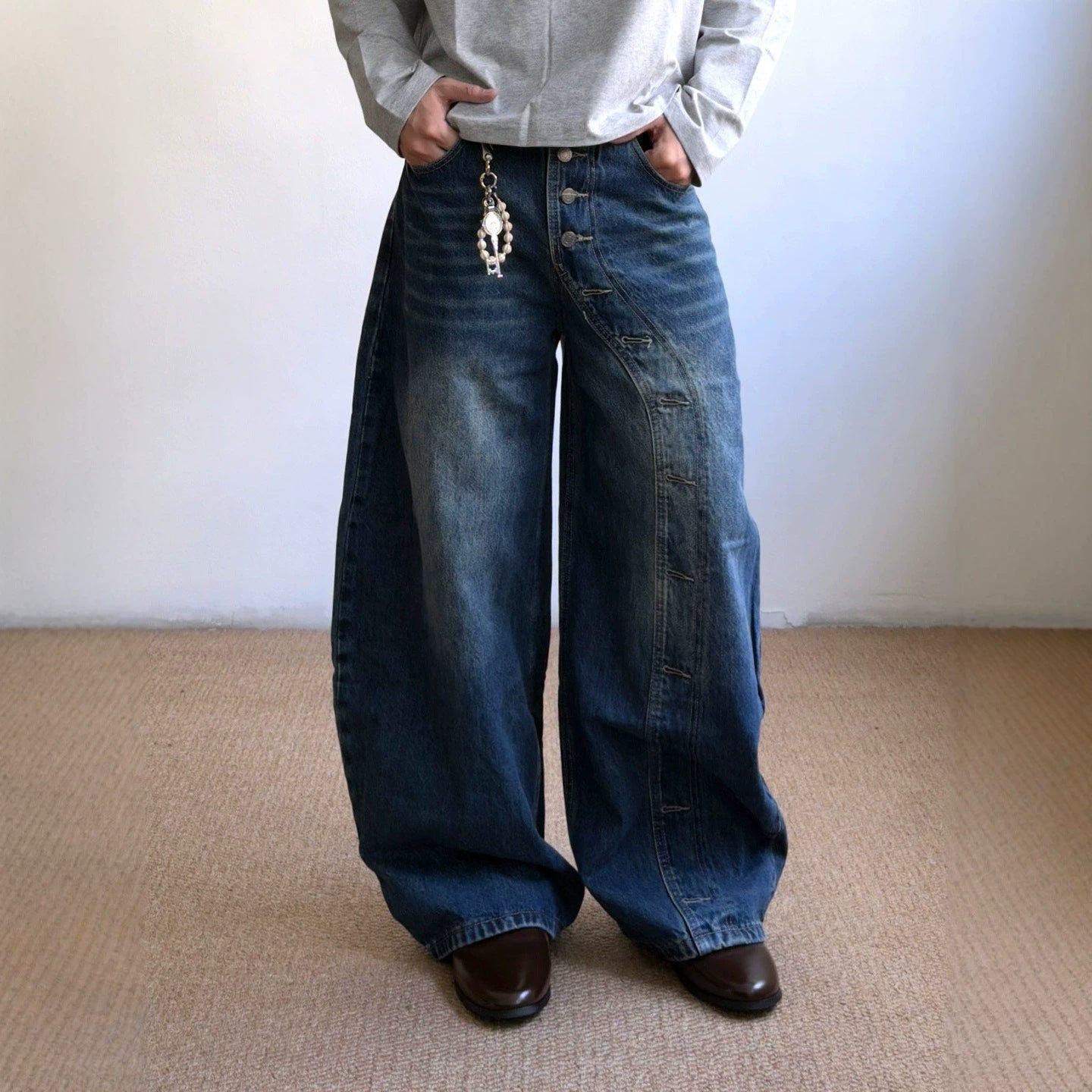 Buttoned Snap Detail Casual Denim Pants