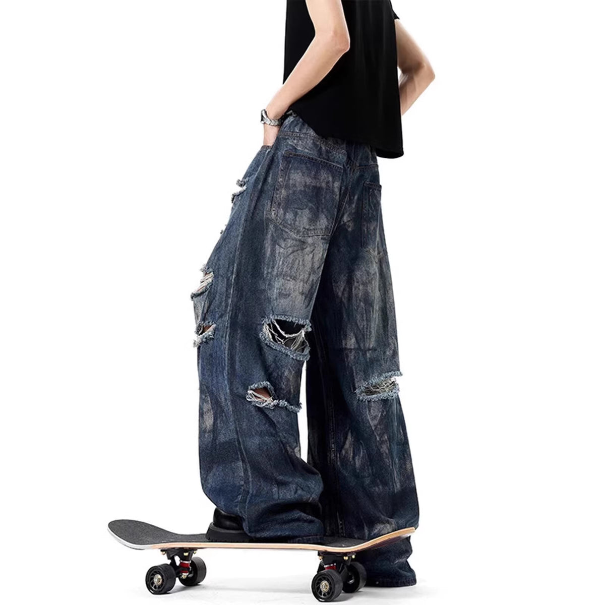 Washed Distressed Loose Fit Denim