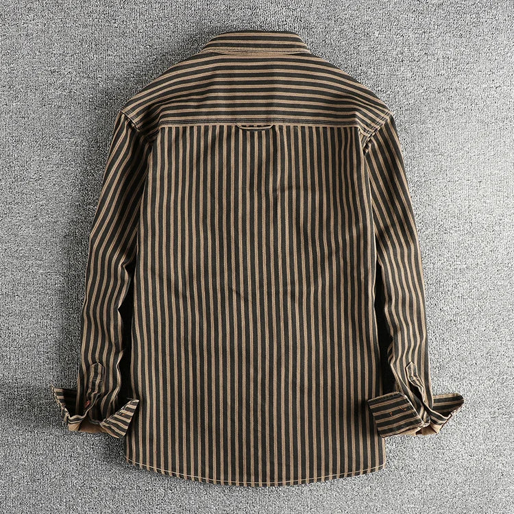 Retro Stripe Multi-Pocket Casual Shirt