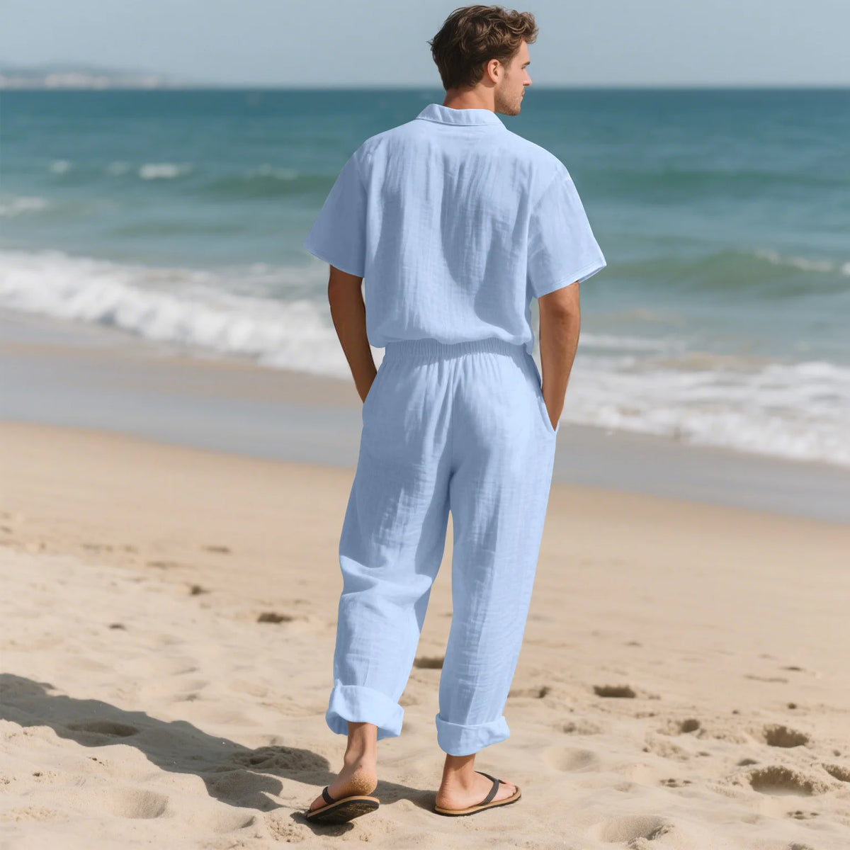 Cotton Linen Beach Shirt and Trousers Set