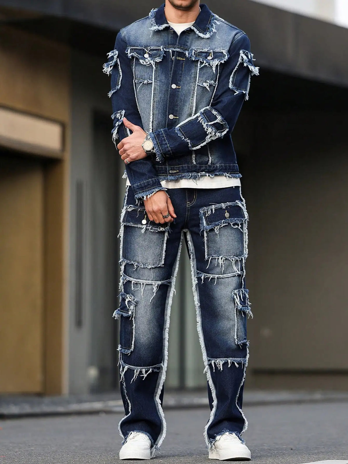 Distressed Multi-Pocket Denim Suit Set