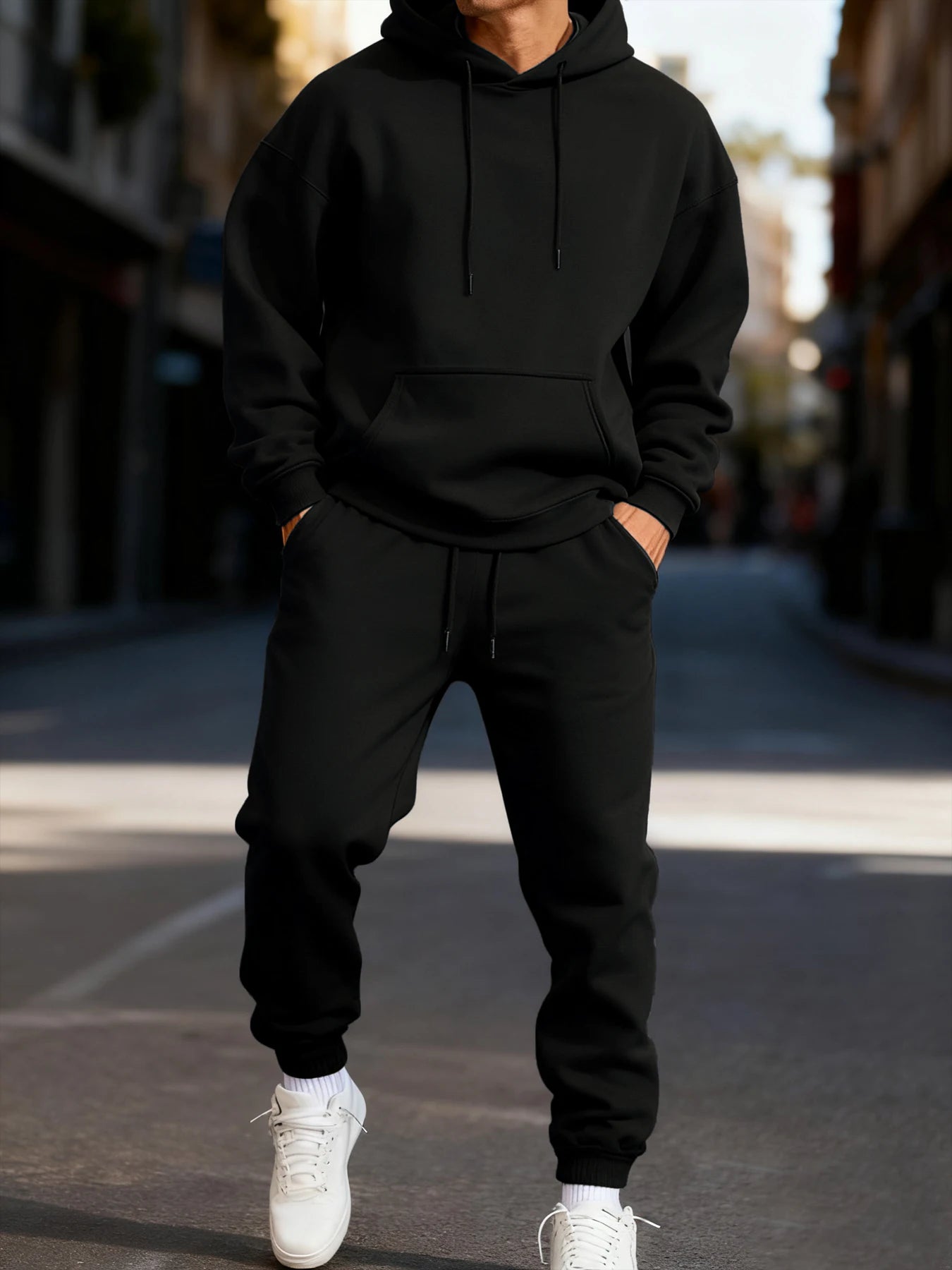Solid Colour Long Hoodie & Sweatpant Set