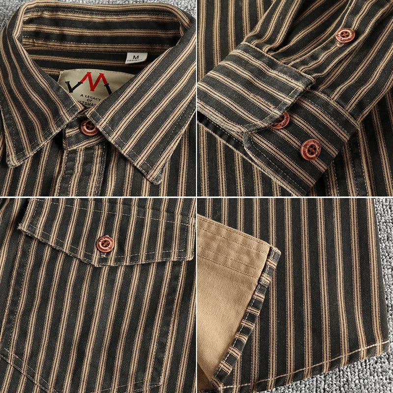 Retro Stripe Multi-Pocket Casual Shirt
