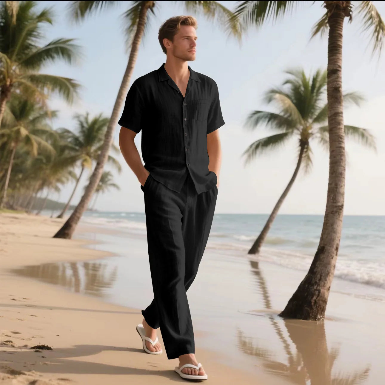 Cotton Linen Beach Shirt and Trousers Set