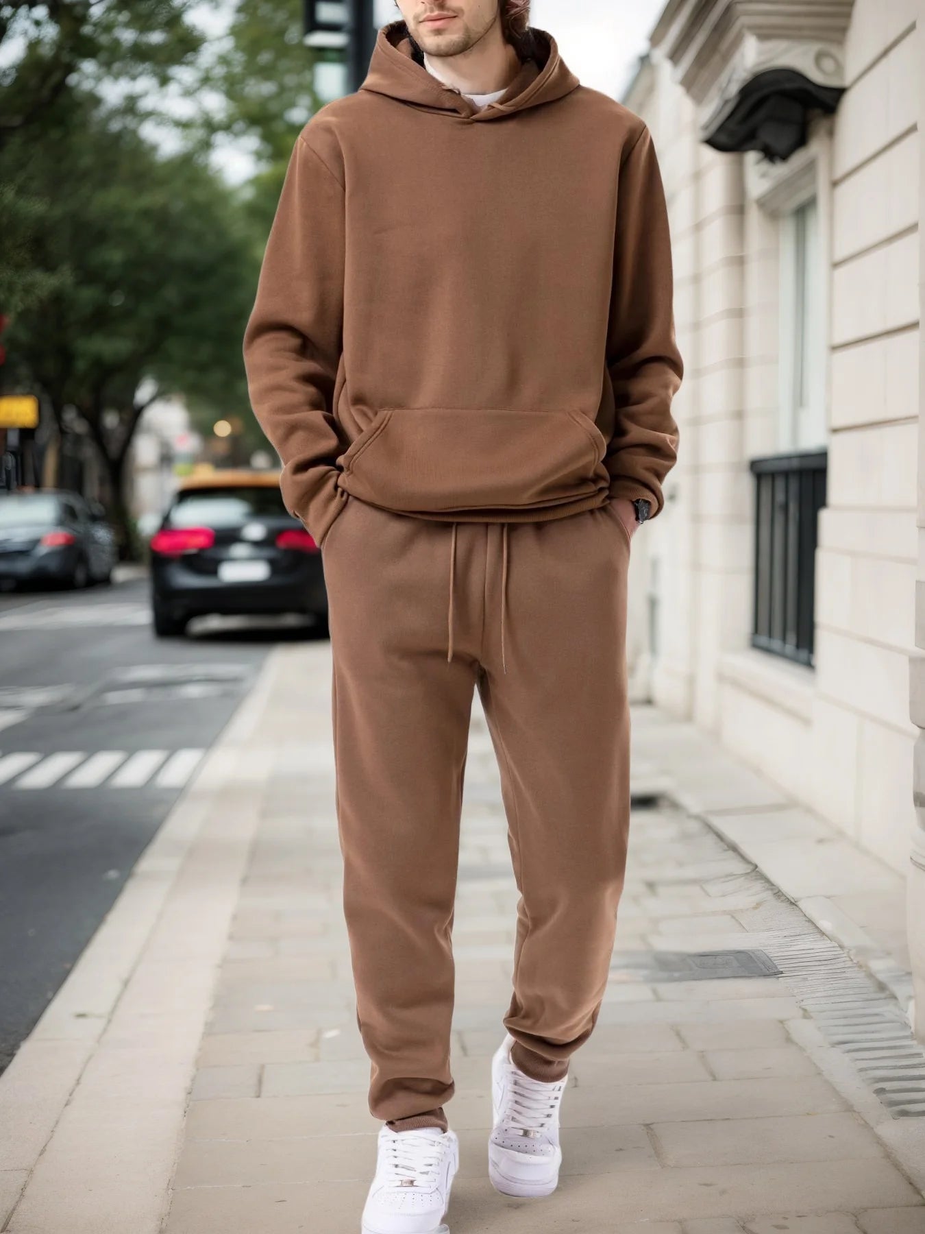 Solid Hoodie & Jogger Tracksuit Set