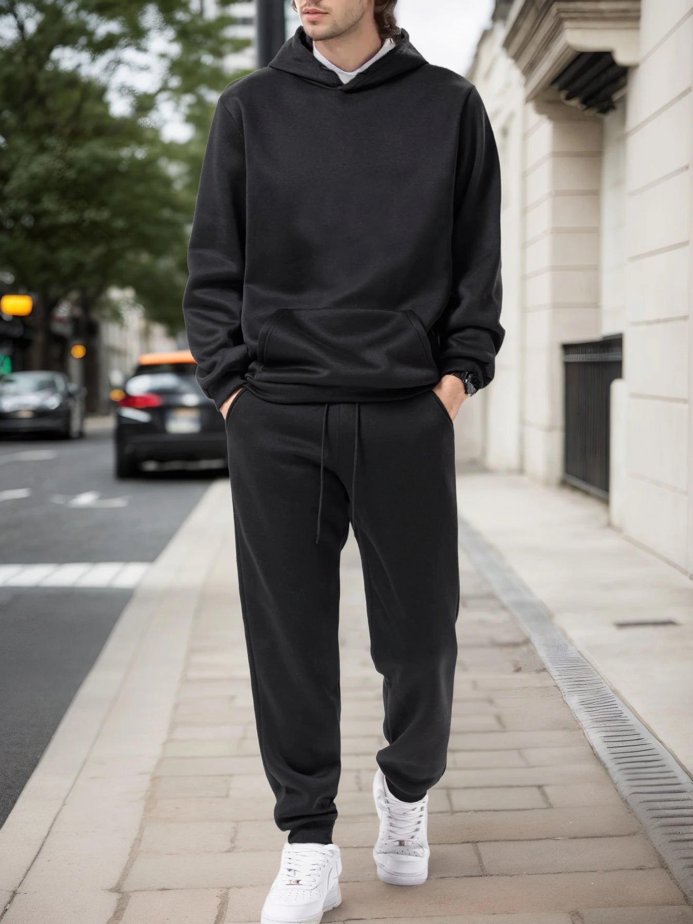 Solid Hoodie & Jogger Tracksuit Set