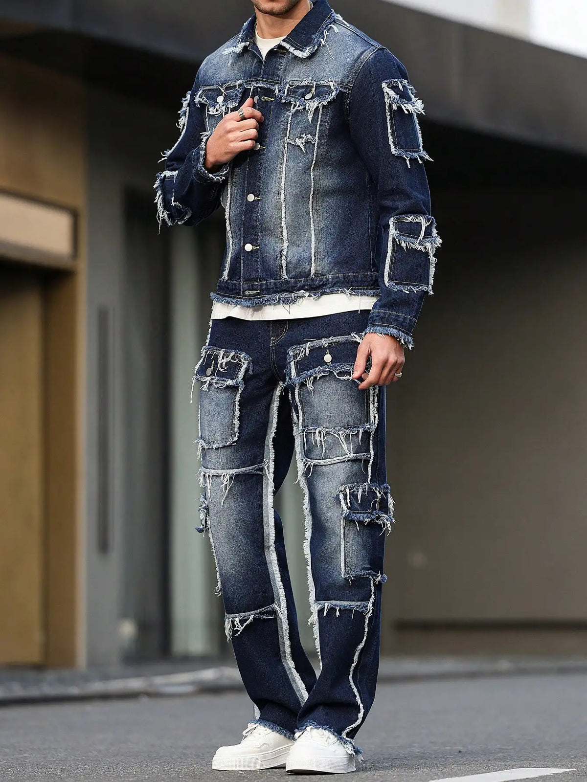 Distressed Multi-Pocket Denim Suit Set
