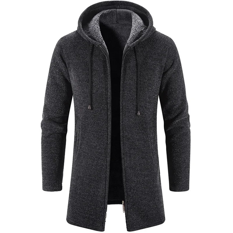 Fleece-Lined Long Hooded Knit Cardigan