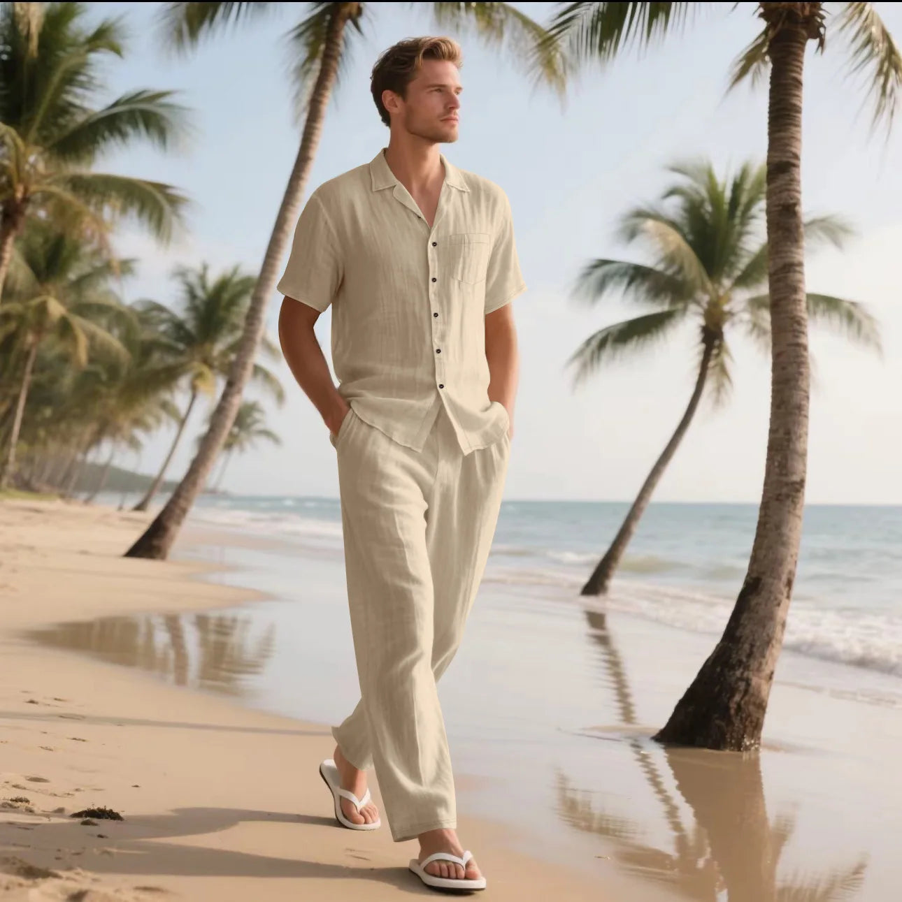 Cotton Linen Beach Shirt and Trousers Set