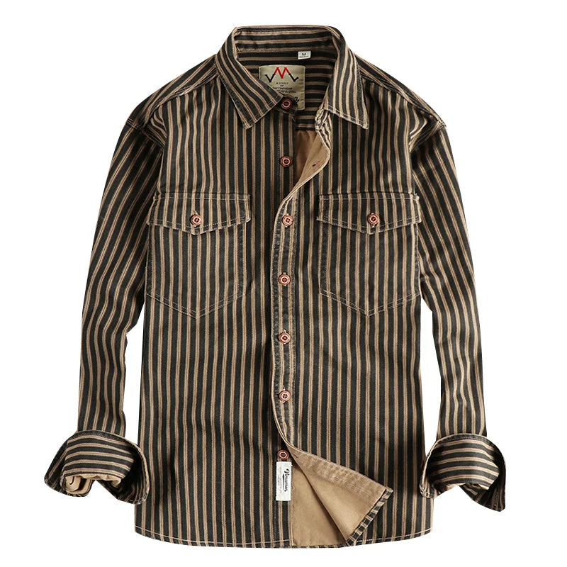 Retro Stripe Multi-Pocket Casual Shirt