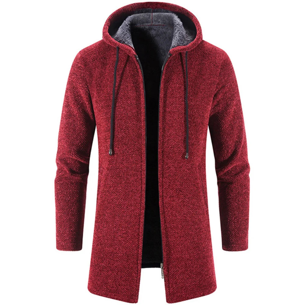Fleece-Lined Long Hooded Knit Cardigan