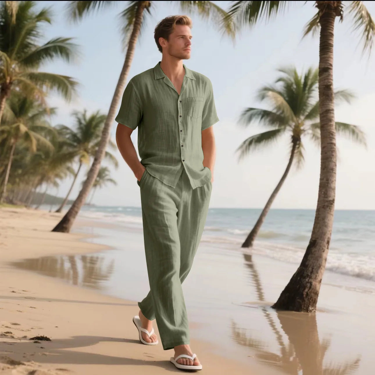 Cotton Linen Beach Shirt and Trousers Set
