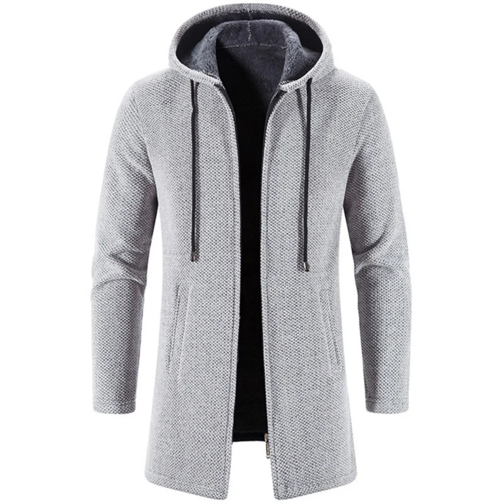 Fleece-Lined Long Hooded Knit Cardigan