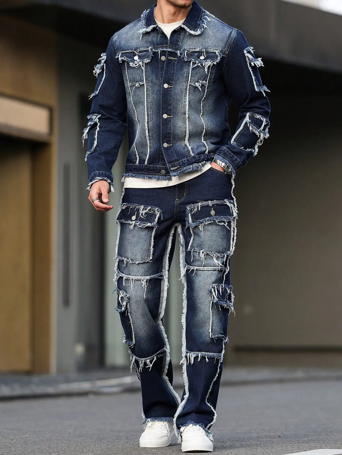 Distressed Multi-Pocket Denim Suit Set