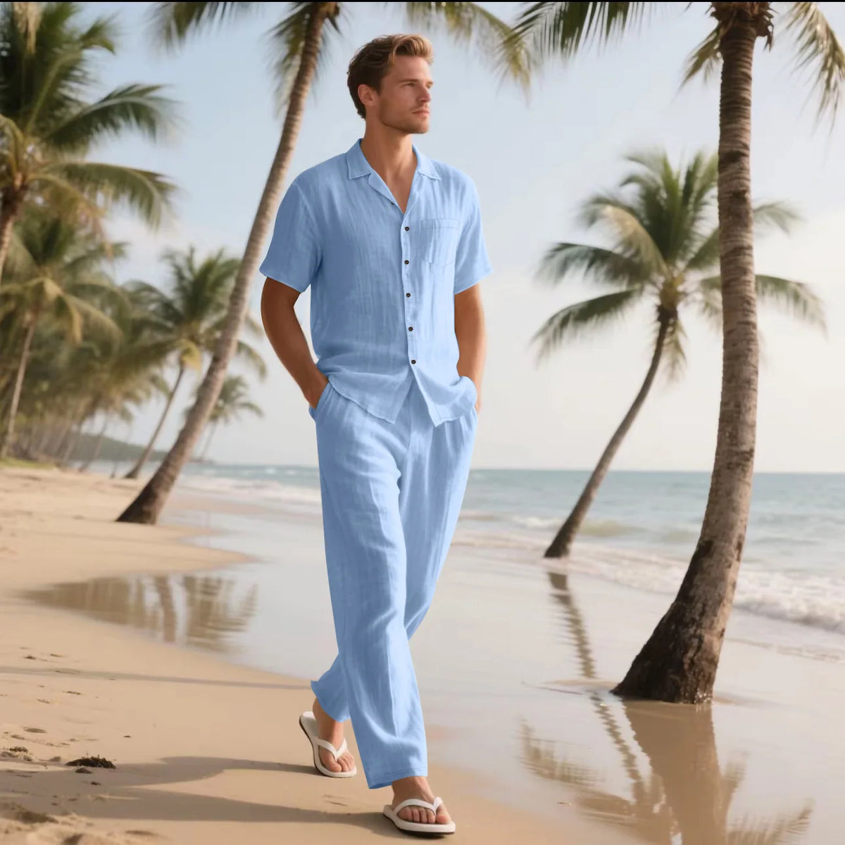 Cotton Linen Beach Shirt and Trousers Set