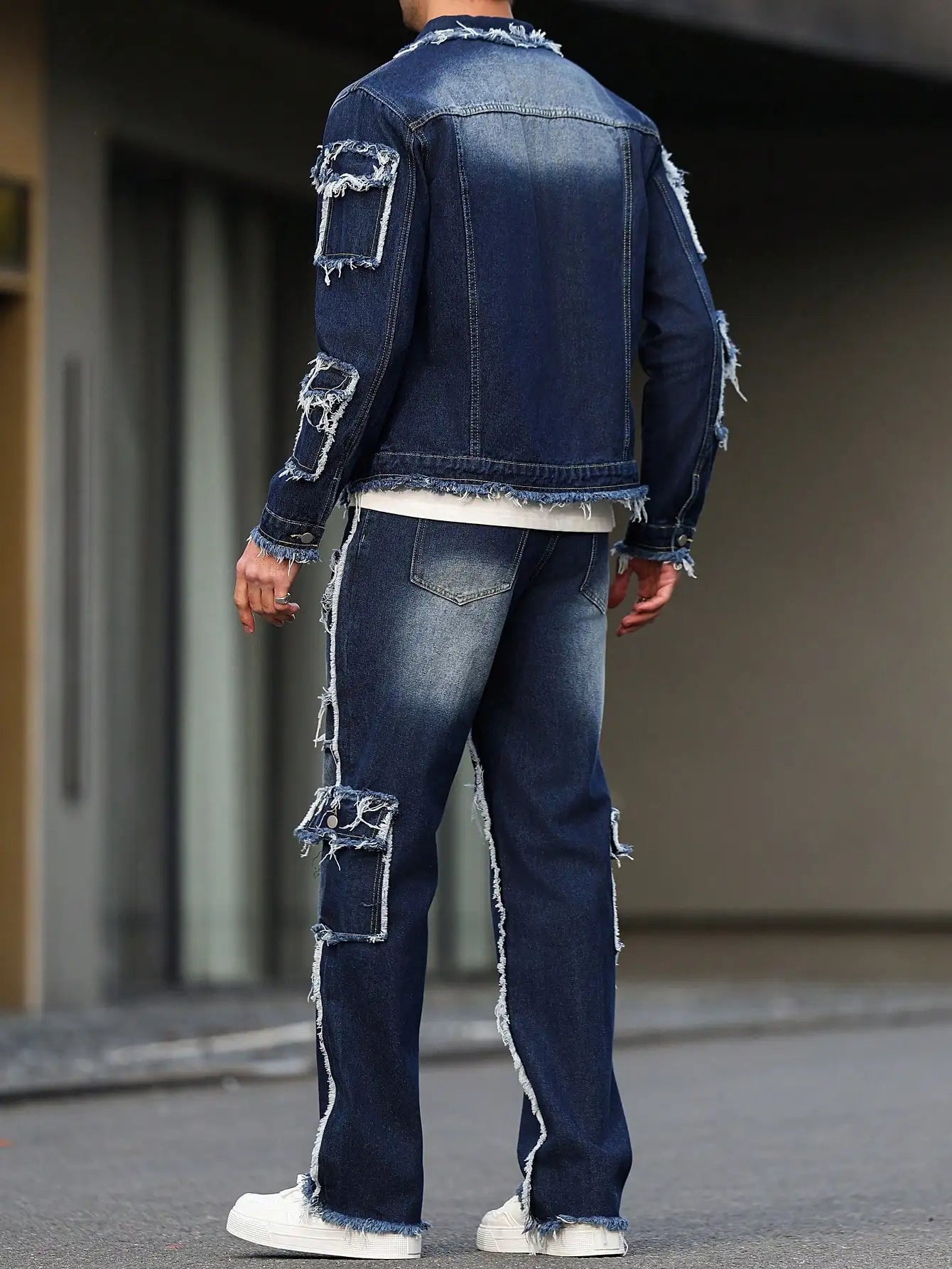 Distressed Multi-Pocket Denim Suit Set