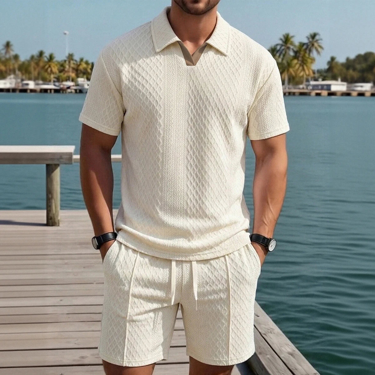 Cream Polo Shirt & Shorts Resort Set