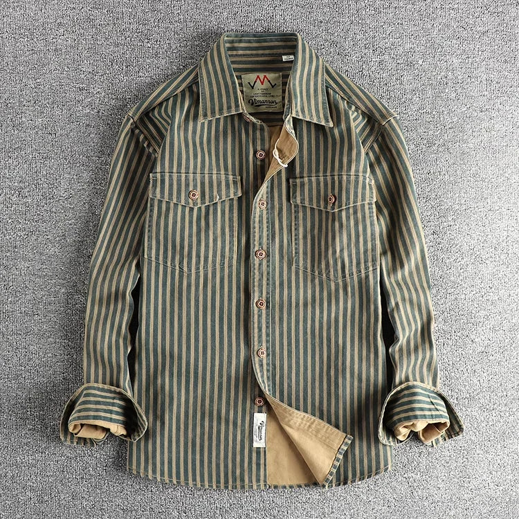 Retro Stripe Multi-Pocket Casual Shirt