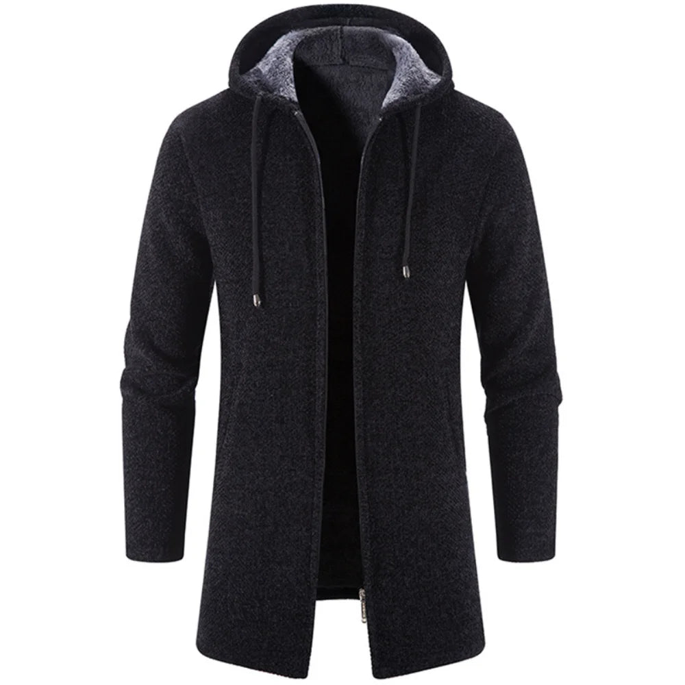 Fleece-Lined Long Hooded Knit Cardigan