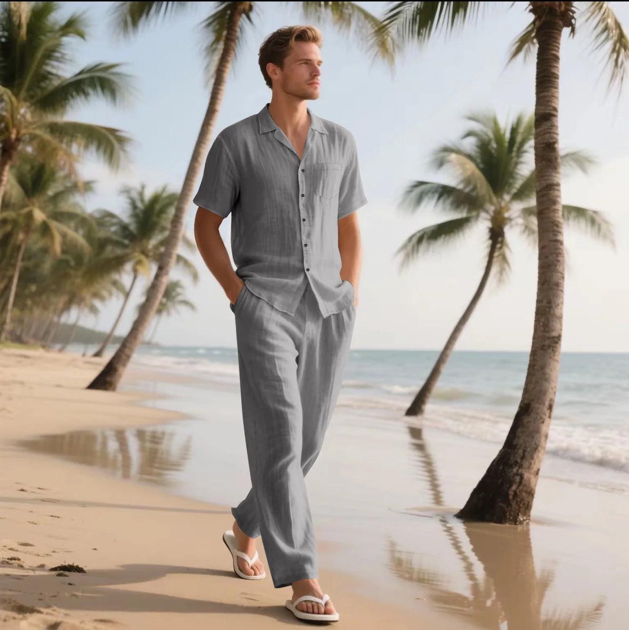 Cotton Linen Beach Shirt and Trousers Set