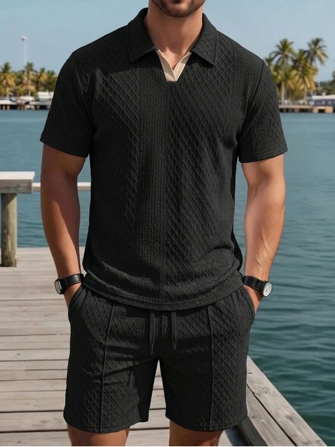 Cream Polo Shirt & Shorts Resort Set