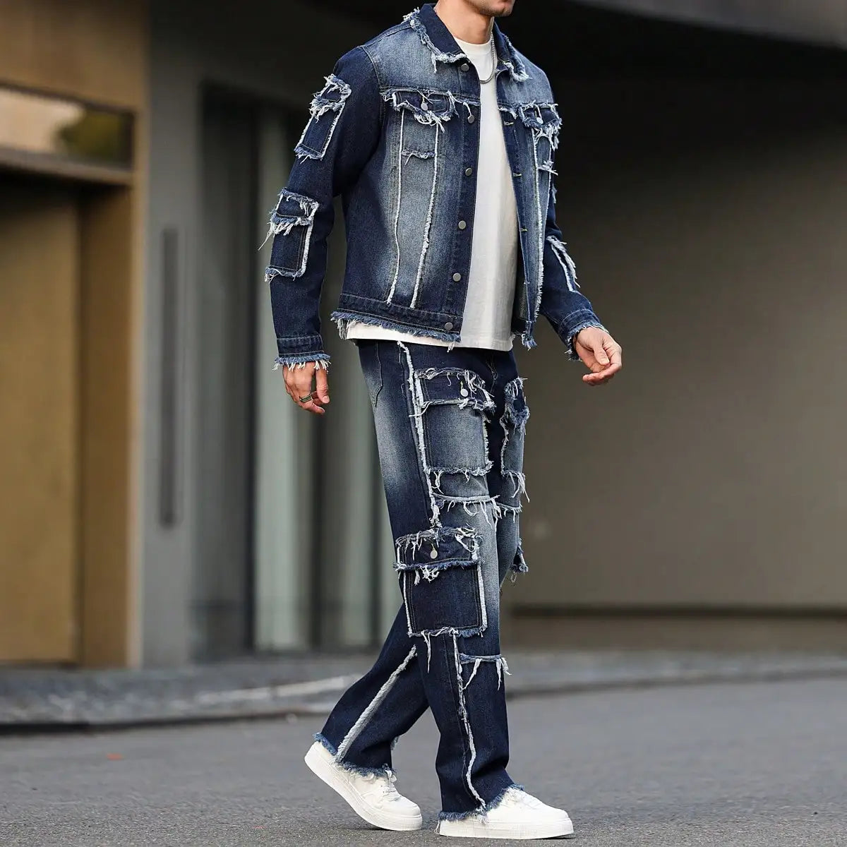 Distressed Multi-Pocket Denim Suit Set
