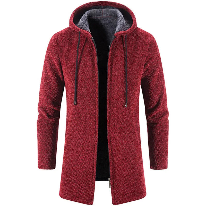 Fleece-Lined Long Hooded Knit Cardigan