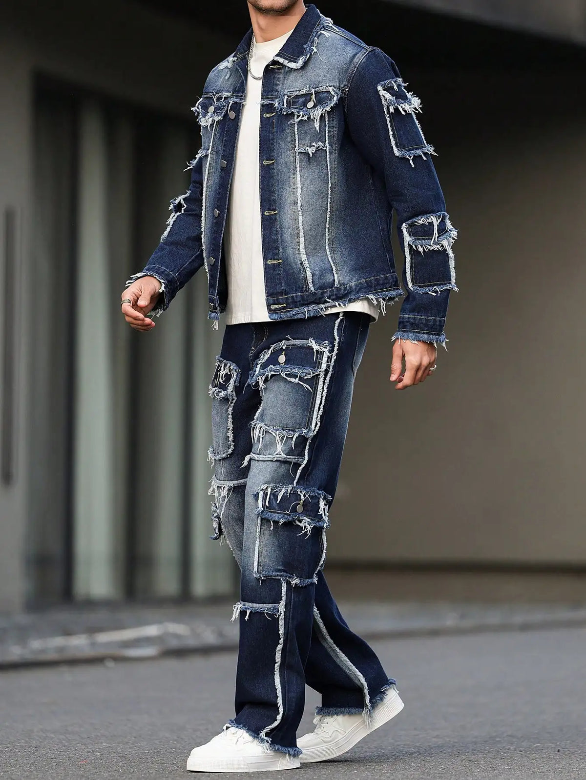 Distressed Multi-Pocket Denim Suit Set