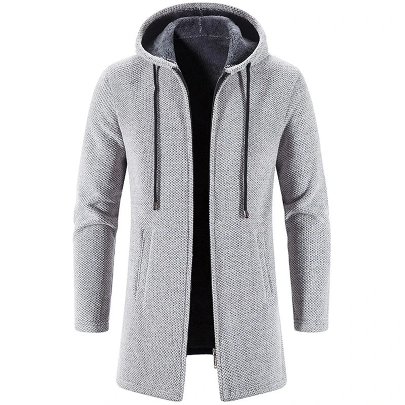 Fleece-Lined Long Hooded Knit Cardigan